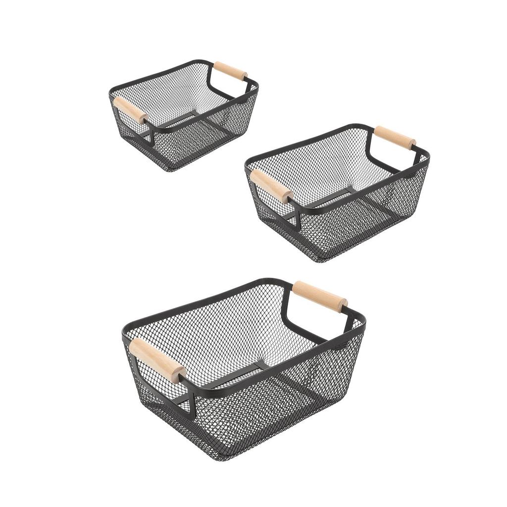 Metal Wire Bin Basket with Wooden Handle Container Multifunctional Kitchen Organizer Fruit Basket for Home Office Lightweight