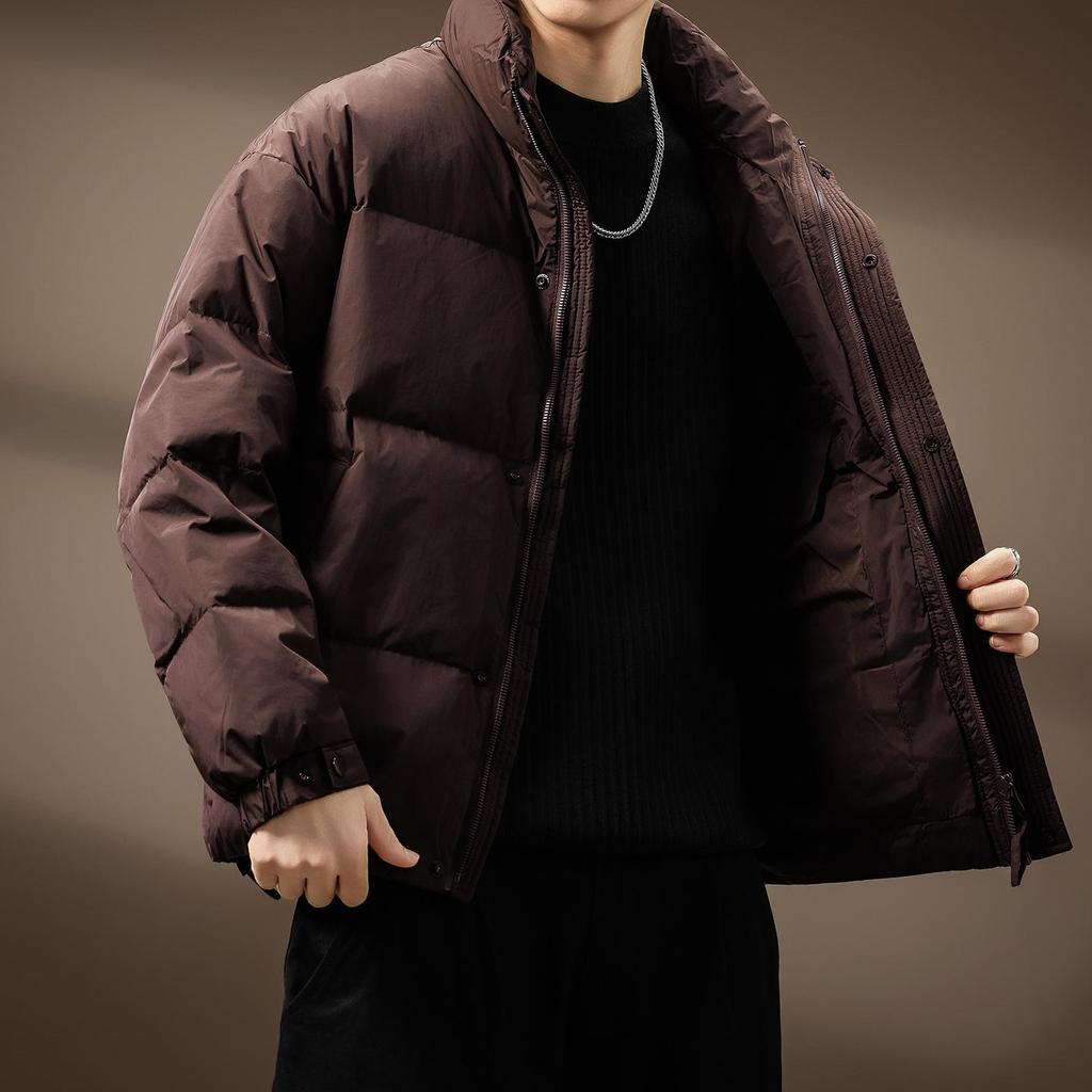 Men's High-End Fluffy White Duck Down Jacket: Thick, Warm, Stand Collar, Loose Fit for Winter