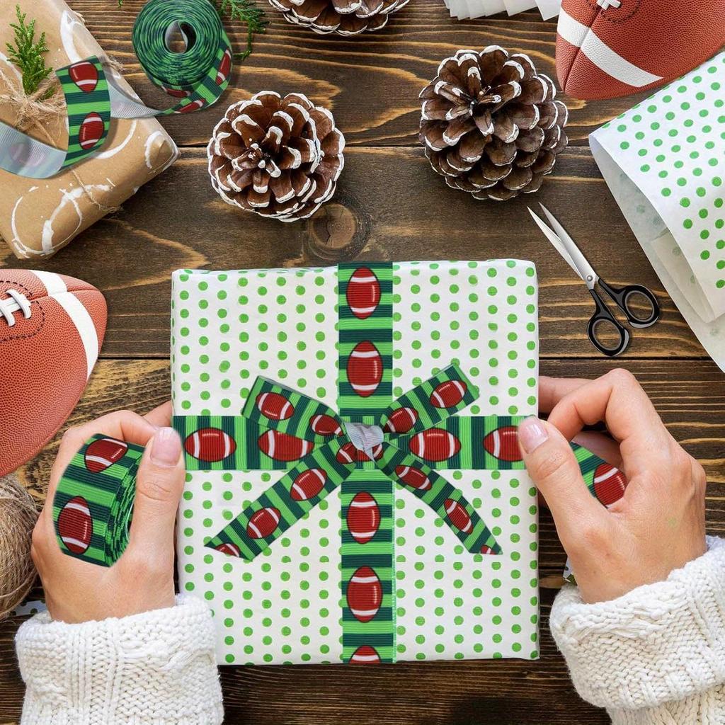 1 Roll Football Ribbon 5 Yards Rugby Grosgrain Ribbons Brown Green Sports Decorative Ribbon for Gift Wrapping Party Favors DIY Crafts