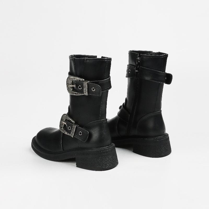 Large Size43 Women's Platform Short Boots Women's New Belt Buckle Knight Boots Heightened Fashion Medium Tube Boots Botas Mujer