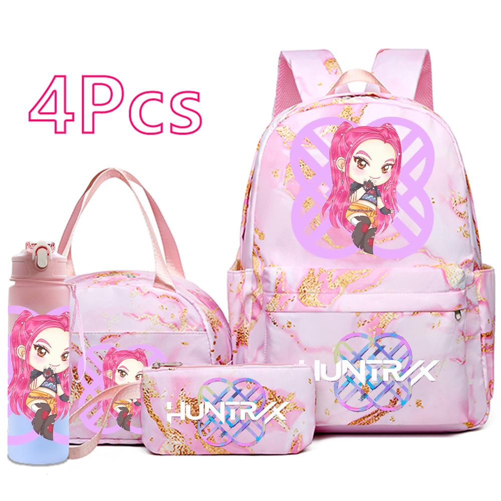 4Pcs/set Cartoon K-Pop Printed Backpack Handbag Pencil Case with 750Ml Water Bottler for Teenager Boy Girl Schoolbag Large Capacity Bookbag Mochila
