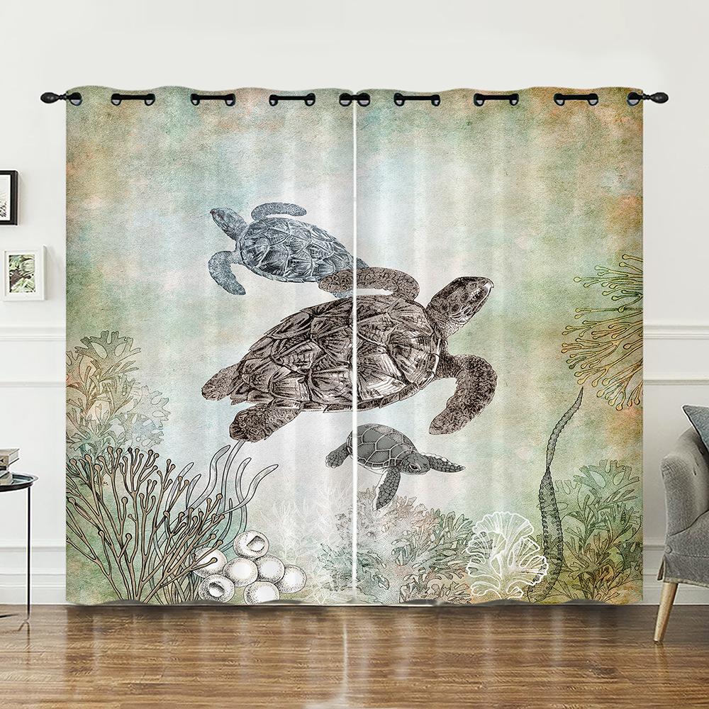 Curtains Turtle Blue Sea Sunshade Digital Printing Curtains Blackout No Punching Bedroom