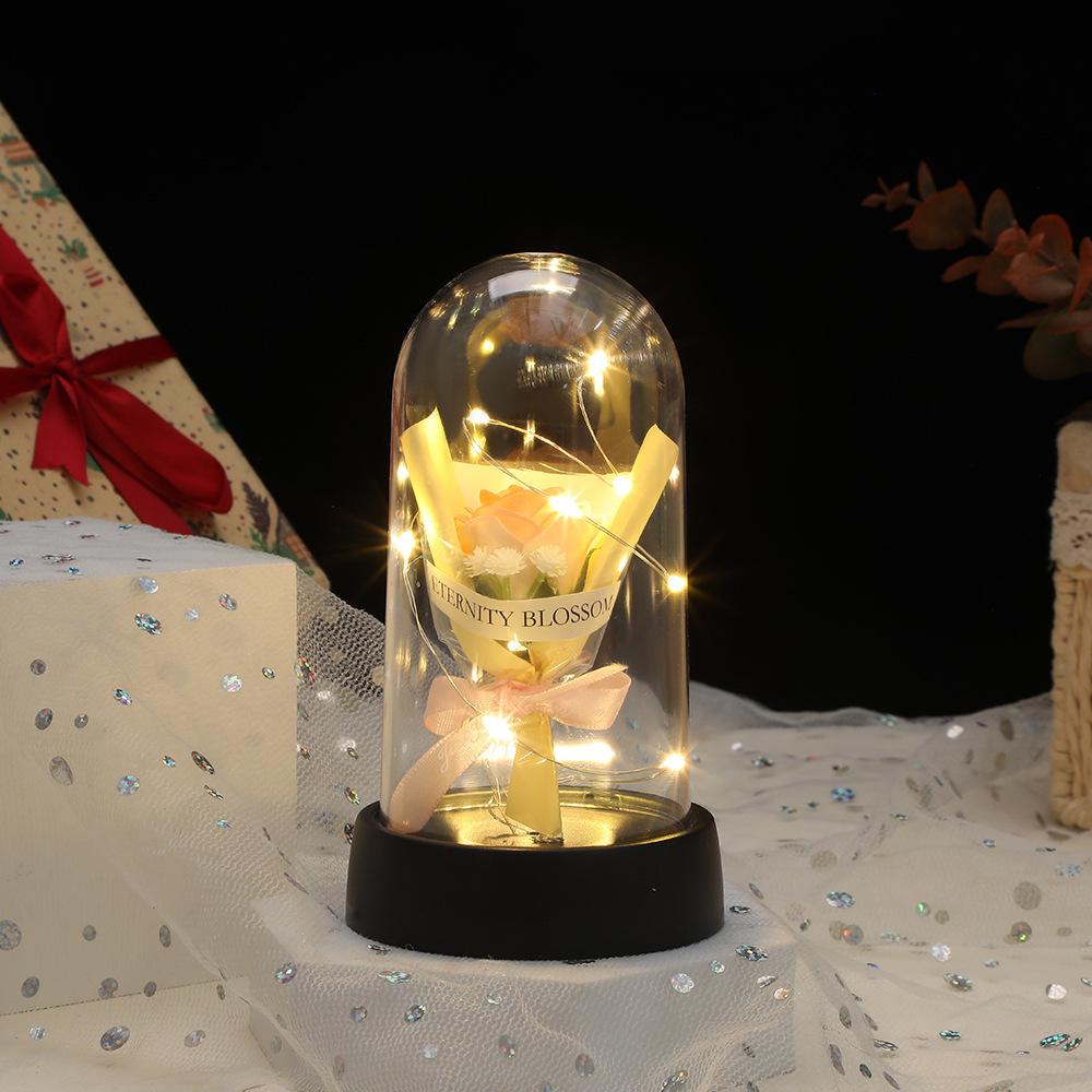 Eternal Roses, Glass Cover Simulation Flower Gifts, Creative Desktop Decoration Luminous Ornaments Romantic