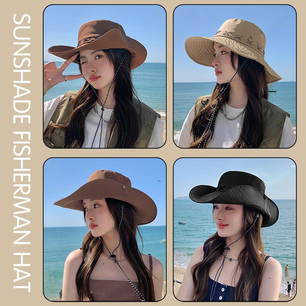 Summer Hiking Cowboy Hats Western Cowboy Hats Drawstring Versatile Sun Shade Bucket Hats for Fishing Camping Traveling