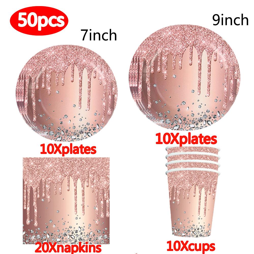 Roségold Themenparty Dekoration Geschirrset Diamant Glitzer Teller Tasse Luftballons Für Hochzeit Mädchen Kinder Geburtstagsparty Zubehör