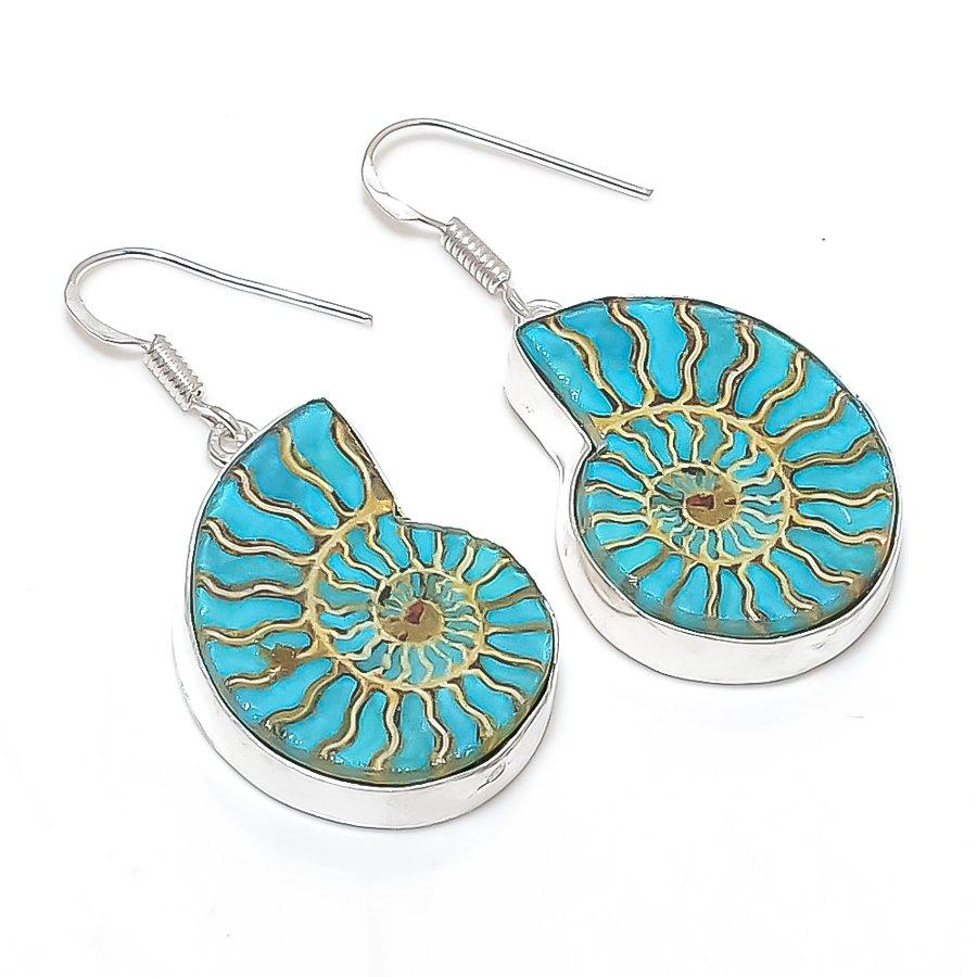 Ammonite Fossil Gemstone Handmade 925 Sterling Silver Jewelry Earring 1.85" T4q83