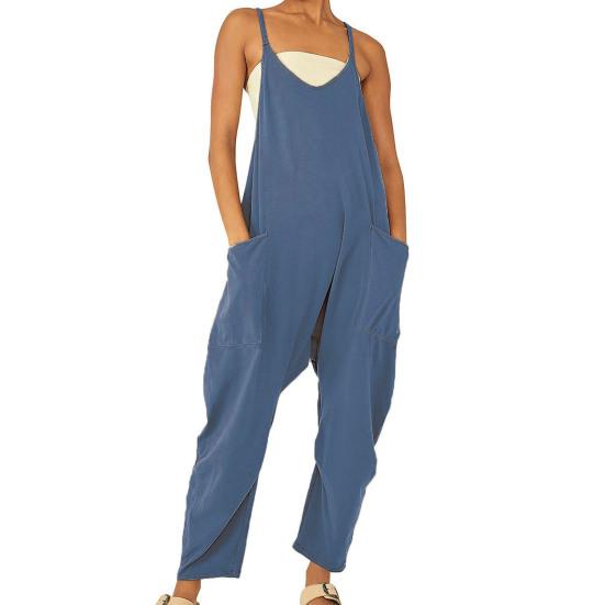 

Summer Jumpsuit Loose Ankle Length Solid Color Sleeveless Patch Pockets Daily Wear V Neck Plus Size Deep Crotch Women Sling Jumpsuit Daily Clothes XL темно-синього кольору