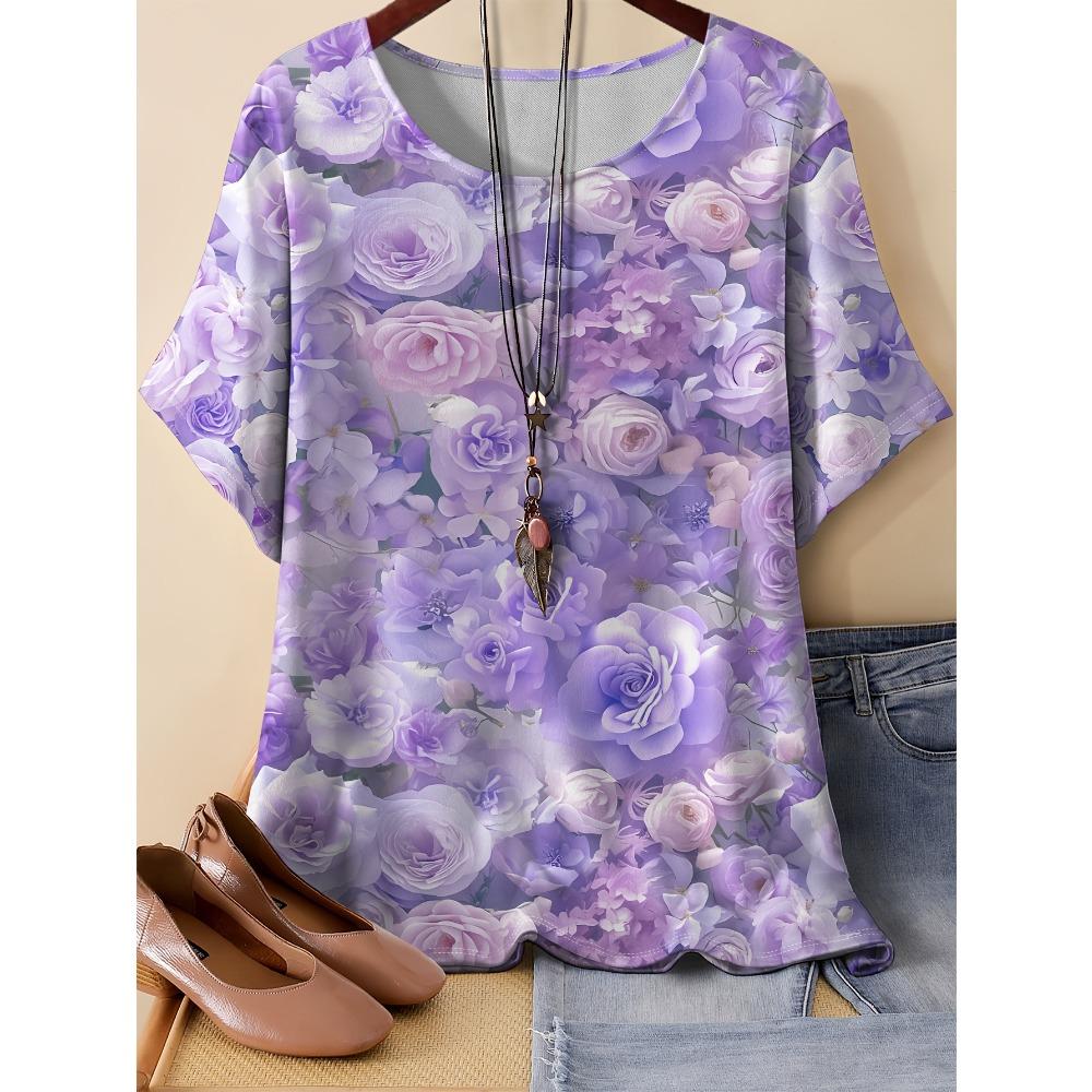 Summer Women Pattern Splicing Flower 3D Printed Short Sleeved T-shirt Fashionable Comfortable Soft Breathable Large Loose Retro Style T-shirt