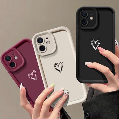 Plain Love Heart Pattern Phone Case For iPhone 16 15 14 13 Pro Max 12 11 Pro XR XS 8 7 Air 17 Solid Color Shockproof Lens Protection Soft Cover