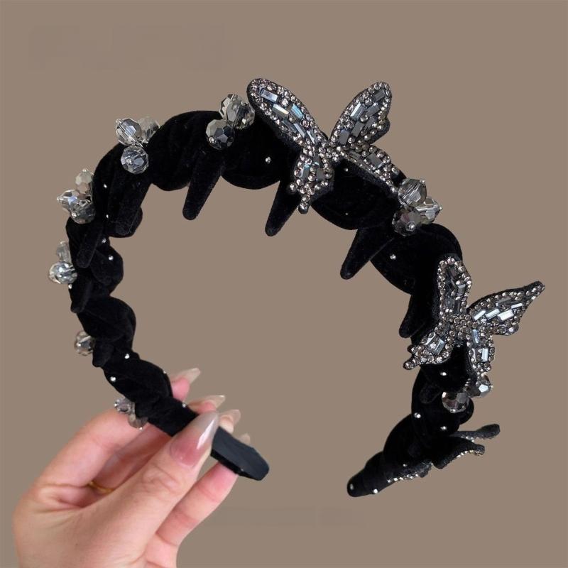 1/2Pcs High-End Sparkly Velvet Headband New Luxury Butterfly Rhinestone Headband High-Top Headpiece Hair Accessory