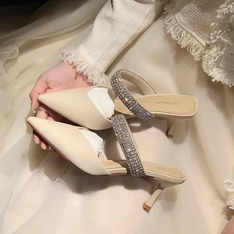 French high-heeled cool slippers women's 2025 spring temperament flash rhinestone thin heel pointed single shoes sexy bag head half drag