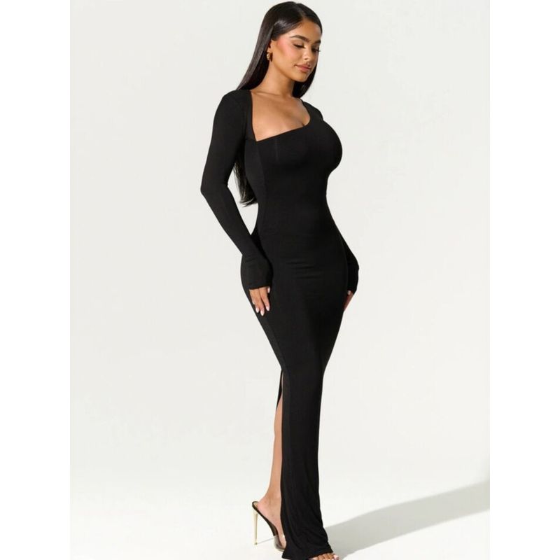 Export 2024 New Arrival Female Fashion Long Sleeves Diagonal Collar Sexy Sexy Silm Rear Slit Dress Fashion