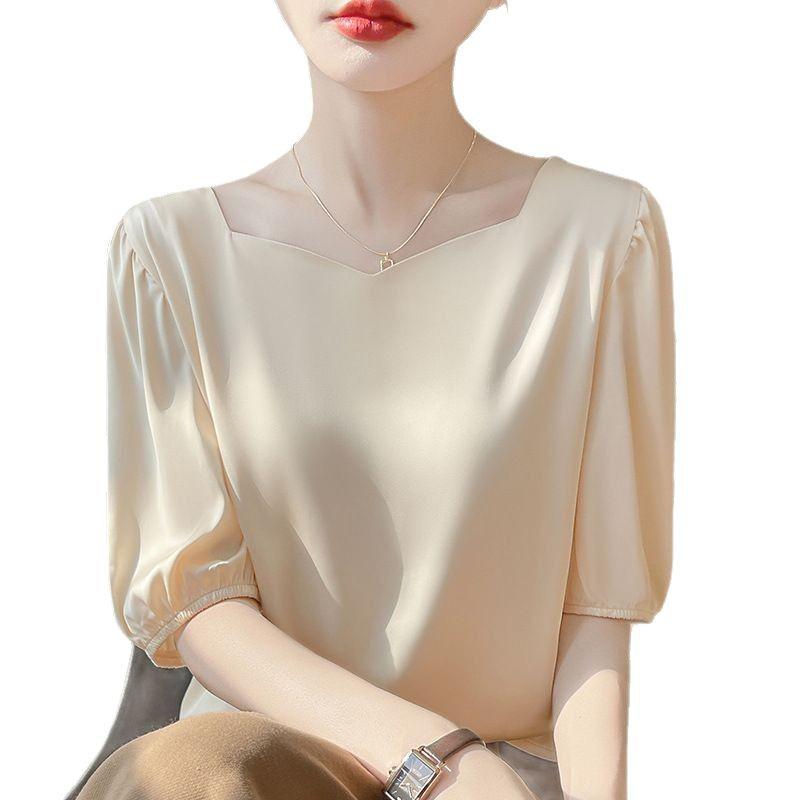 Damen Sommer Acetat Satin Diamantkragen Locker Kurzarm Mode Top