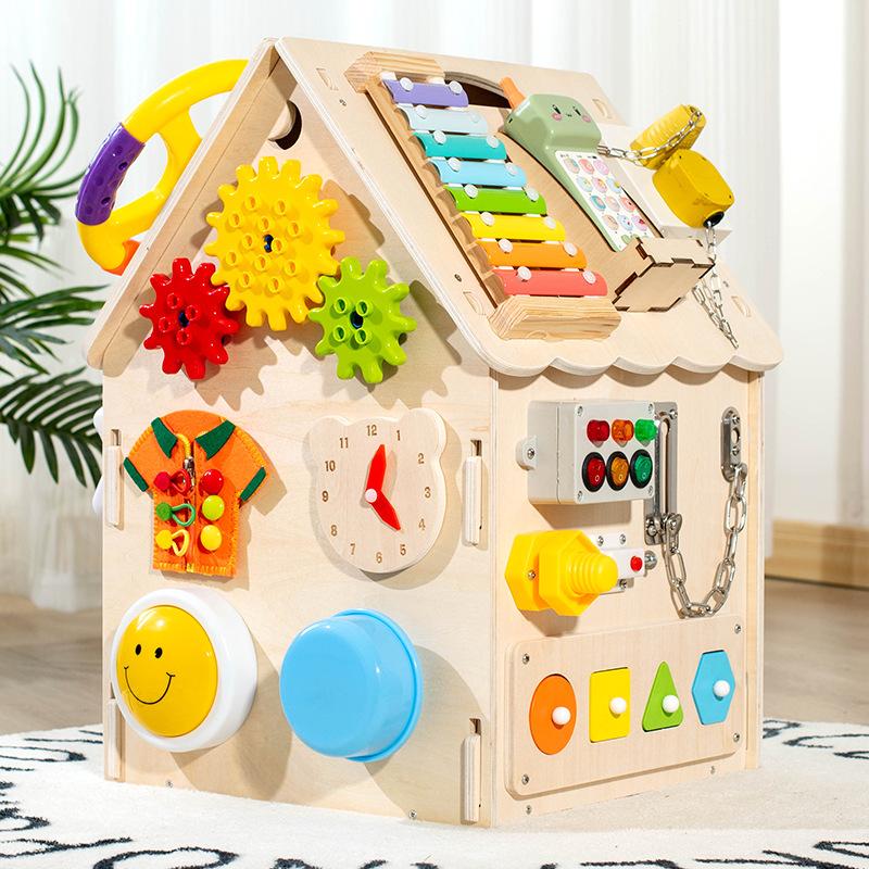 Early Education Blue Busy House Busy Board Wooden Montessori Unlocking Playing Music Concentration Training Teaching Children Toys
