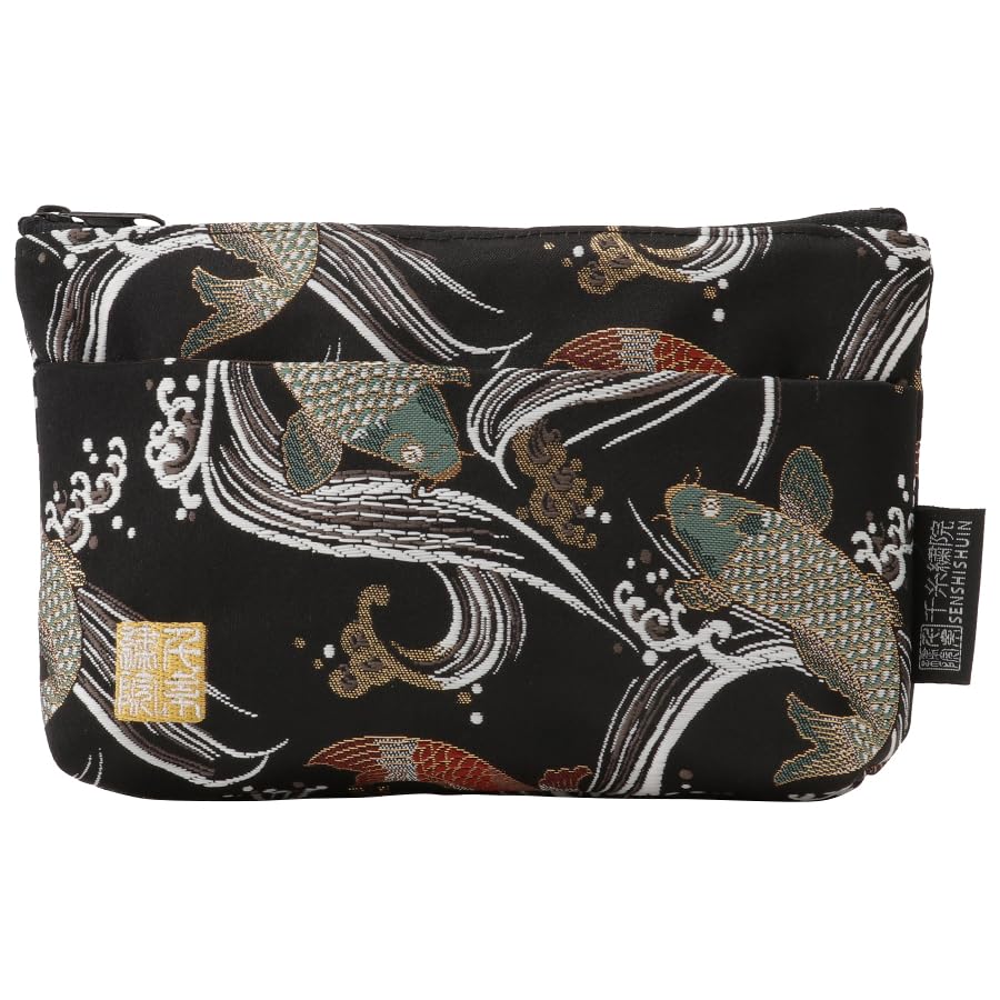 Senshishuin Nishijin Brocade Pouch with Black Swimming Carp Design (Lined) (Small)