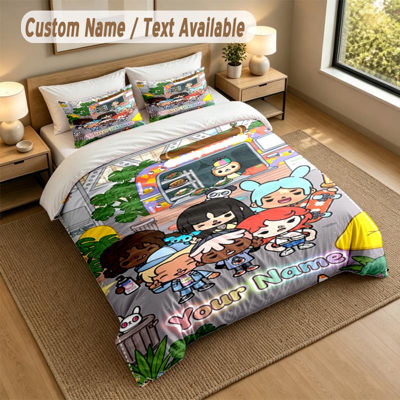 Custom Name Text Bedding 3Pcs Set,Toca Boca 1 Duvet Cover 2 Pillowcases Soft Bed Linen For Gift