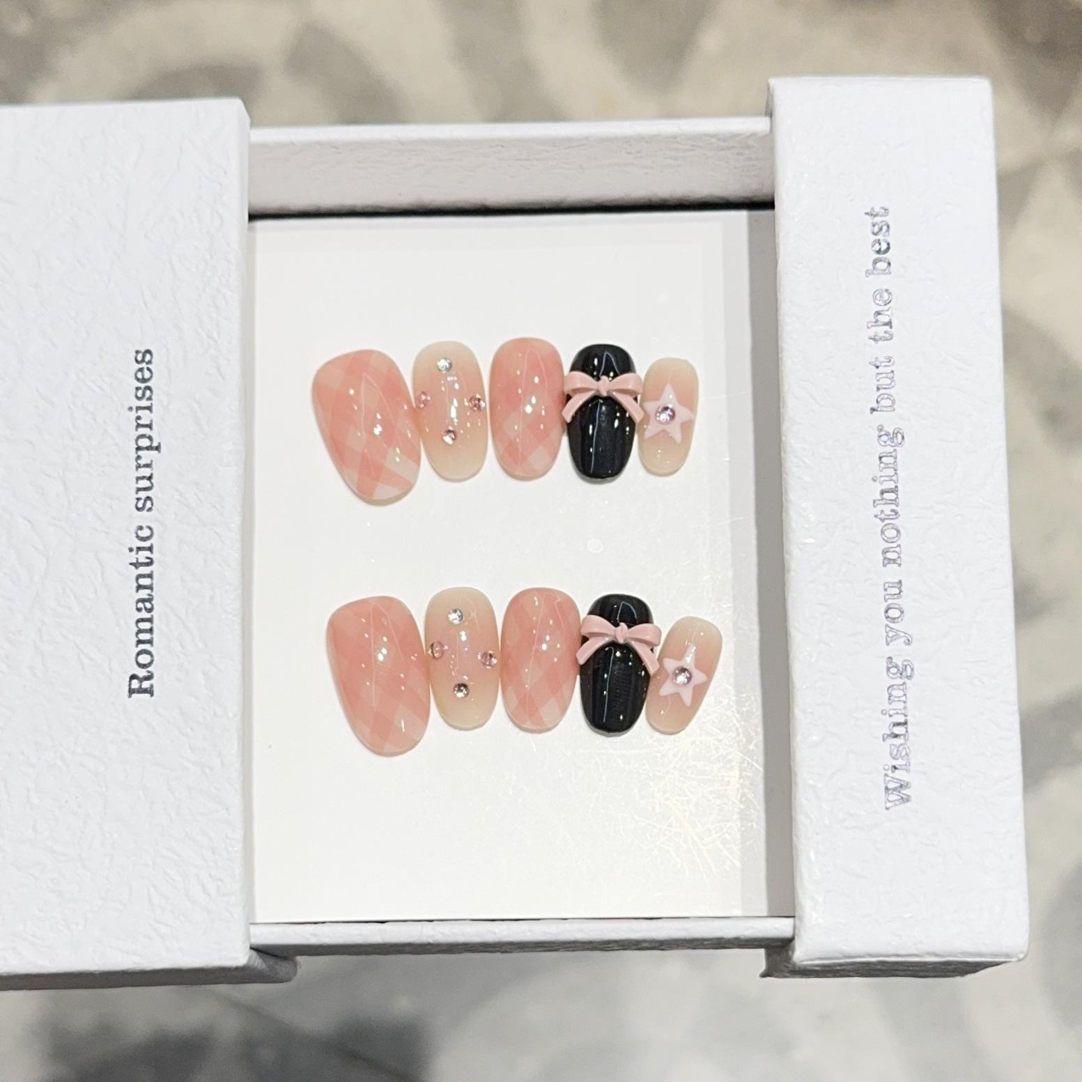 

Handmade Plaid Bowknot False Nail Art for Girls