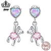 Everlove Care Bear Sterling Silver S925 Heart-Shaped Pink Zircon Opal Stud Earrings & Pendant Necklace Set.