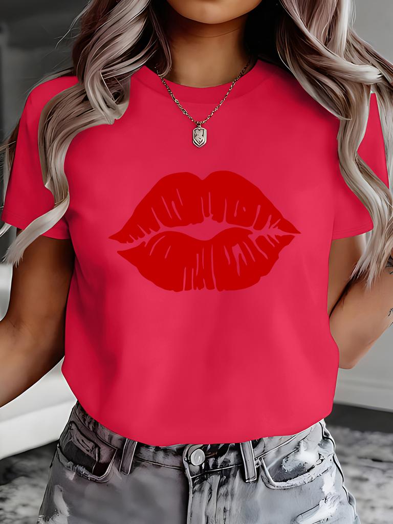 Red Lip Print Pattern Sexy Lips Design Suitable for Printed Decoration Print Crewneck Shortsleeve Tshirt Unisexs Comfortable