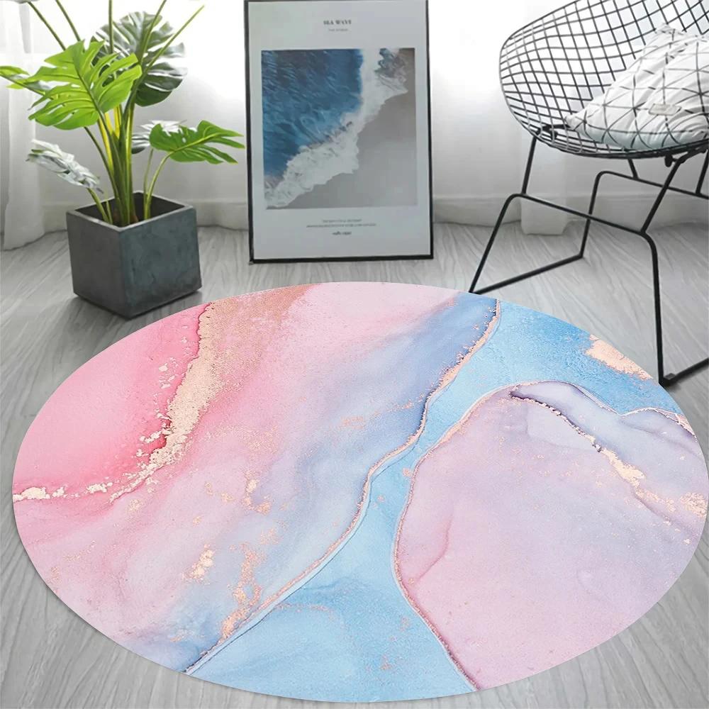 Pink Blue Marble Round Rug Abstract Modern Marbling Art Carpet for Living Room Bedroom Playroom Chair Rugs Non-slip Floor Mat
