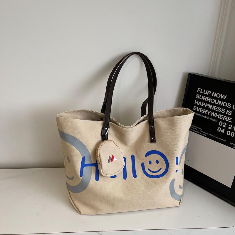 Canvas big bag 2025 fall new fashion girl preppy style letter graffiti shoulder bag commuter tote bag