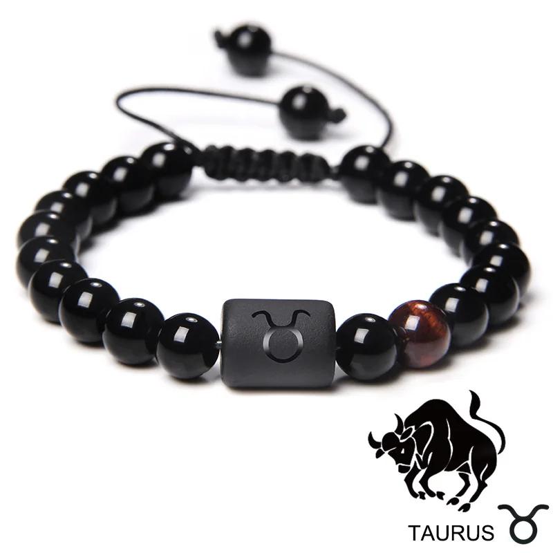 12 Constellation Zodiac Signs Bracelet Black Onyx Beads Cancer Leo Onyx Braided Bracelet for Women Men Couples Jewelry Gift