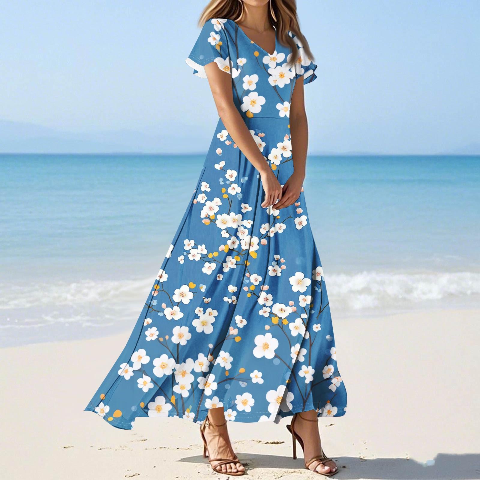 

Women s Casual Fashion Print Long Dresses V-Neck Short Sleeve Dresses XL небо синє кольору