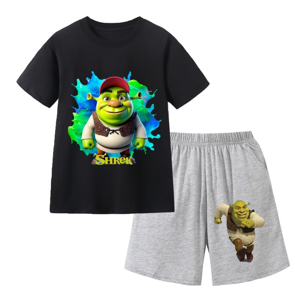 Boy anime monster print summer fashion set, children s short sleeved set 140