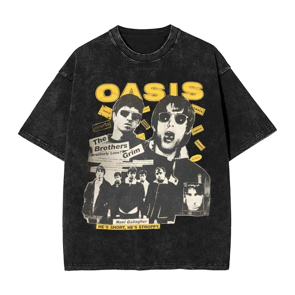 Men OASIS Live Tour Vintage Oversized Washed T-Shirts Summer Cotton Short Sleeve Definitely Maybe Rock Band Albums Streetwear Tees