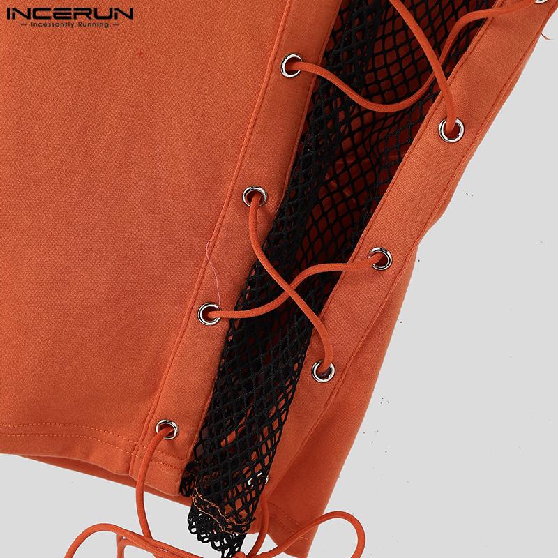 INCERUN Men O Neck Sleeveless Mesh Sheer Patchwork Bandage Slim Tank Tops