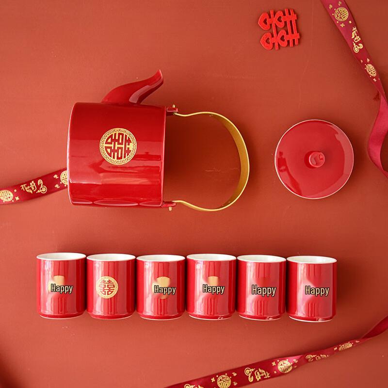 Wedding Red Ceramic Tea Set with Handle Teapot