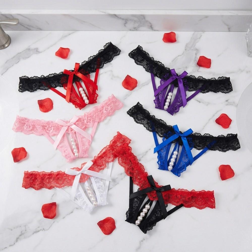 Open Crotch Lace Pearl Panties Low Waist See-through Thong Underwear for Women Ladies Girls