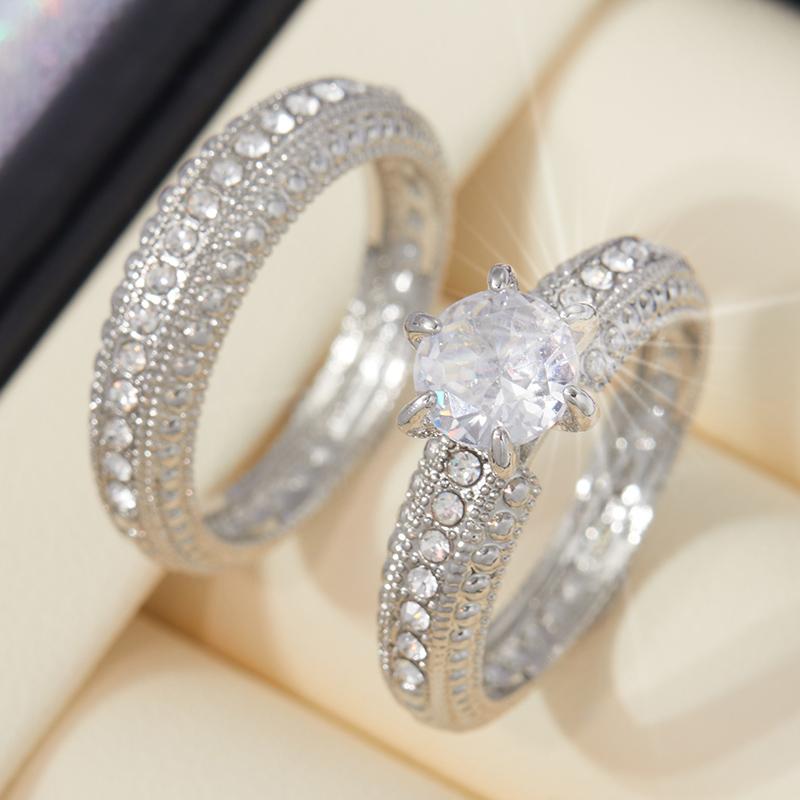 2Pcs New Sparkling Inlaid Zirconia Wedding Ring Women's Elegant Couple Engagement Banquet Party Zircon Gift