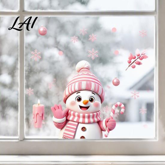 Removable Balcony Glass Film Christmas Snowman Static Stickers Decorative Pink Decals Waterproof PVC Creative Gift for Friends Window Clings
