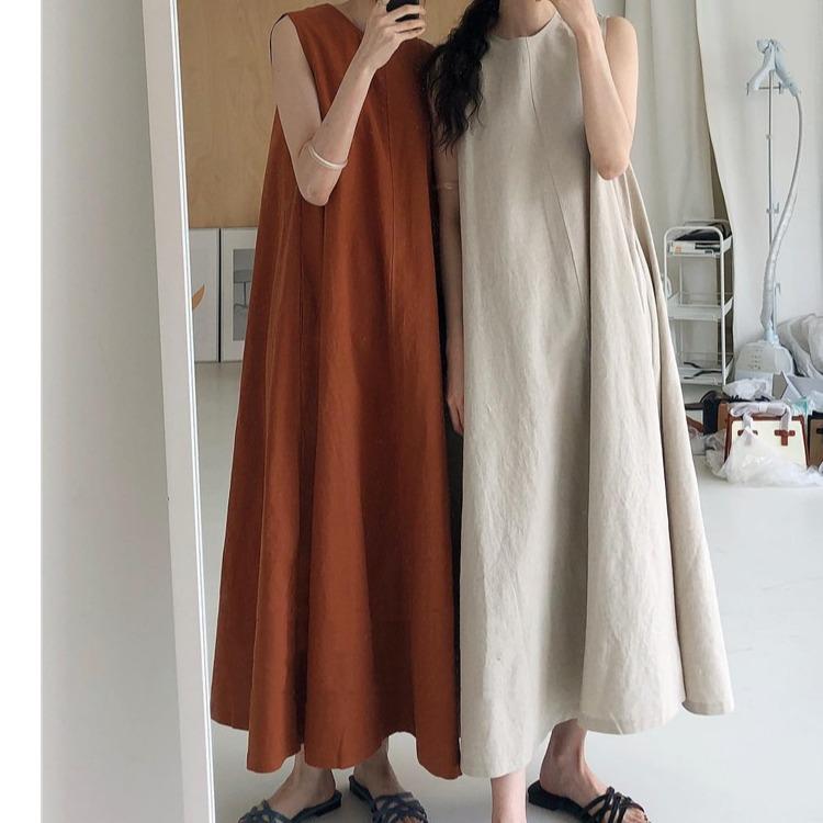 Korean Chic Pumpkin-Colored Sleeveless Cotton Linen Swing Dress