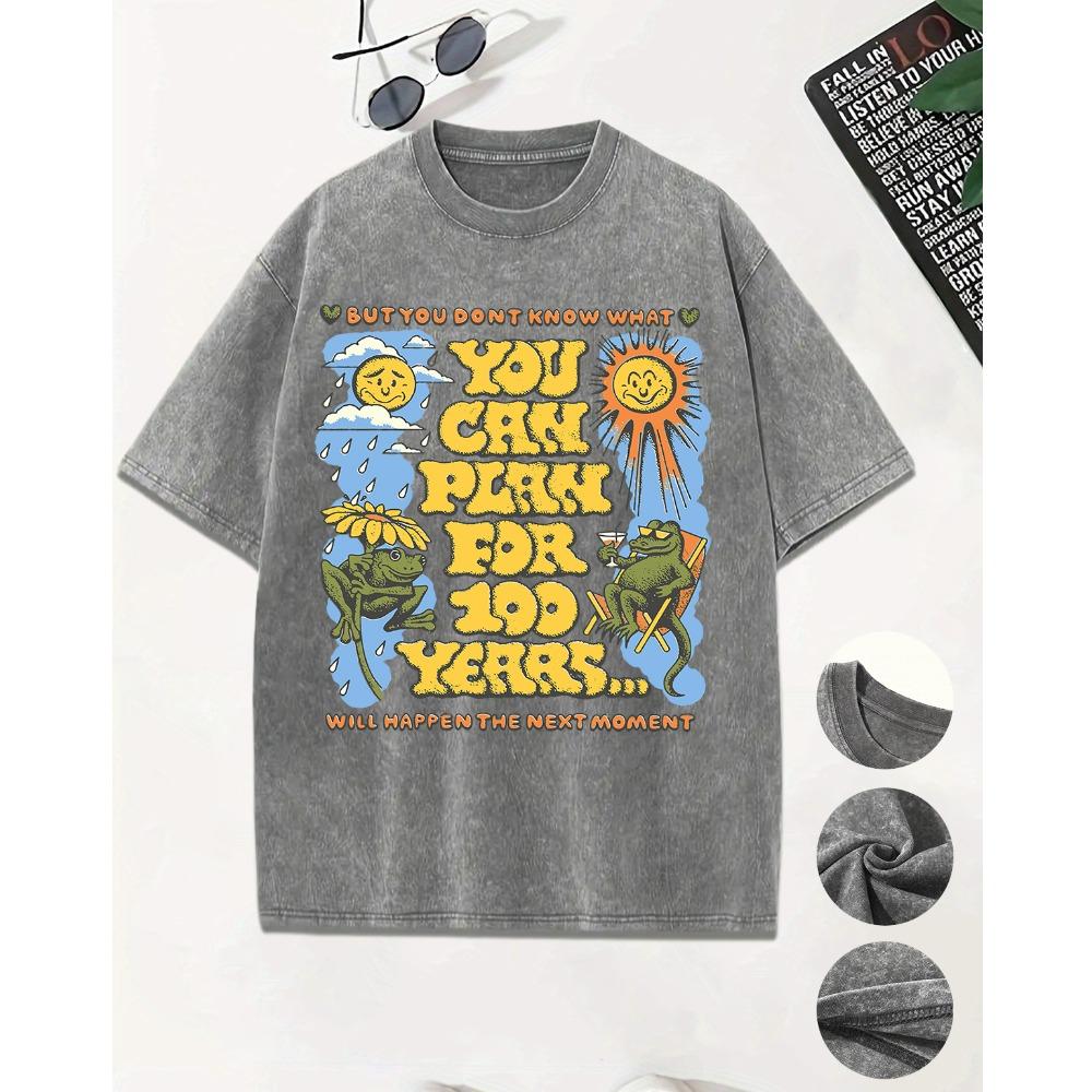 You Can Plan For 100 Years Prints Washed Men T-Shirt Casual Breathable Short Sleeve Soft Cotton Streetwear Loose Top