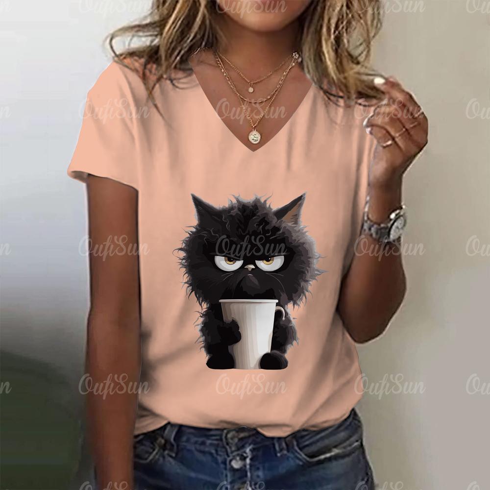 3D Cartoon Cat Print Cute Animal Women's T-shirts Casual Streetwear Short Sleeves Tees Pullover Summer New Women Clothing Tops
