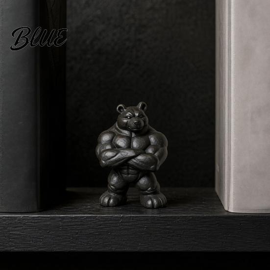 Detailed Muscle Figure 3D Printed Bear Statue, Matte Black Fitness Ornament for Office Figurine Bookshelf Gym Decor, Compact Inspirational Gift