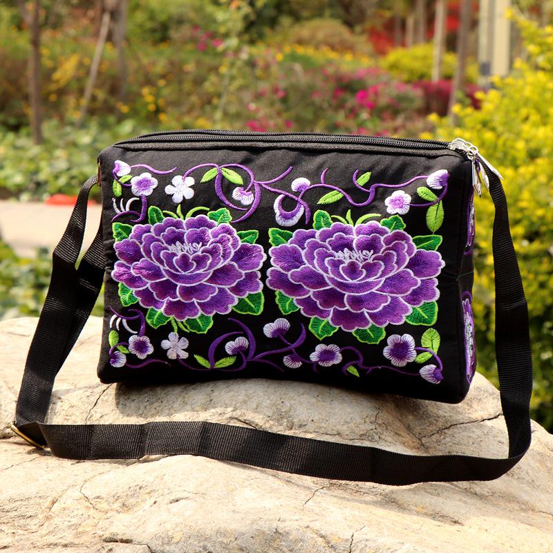 Yunnan Ethnic Embroidered One-Shoulder Crossbody Bag with Three Zippers - Large Size for Ladies