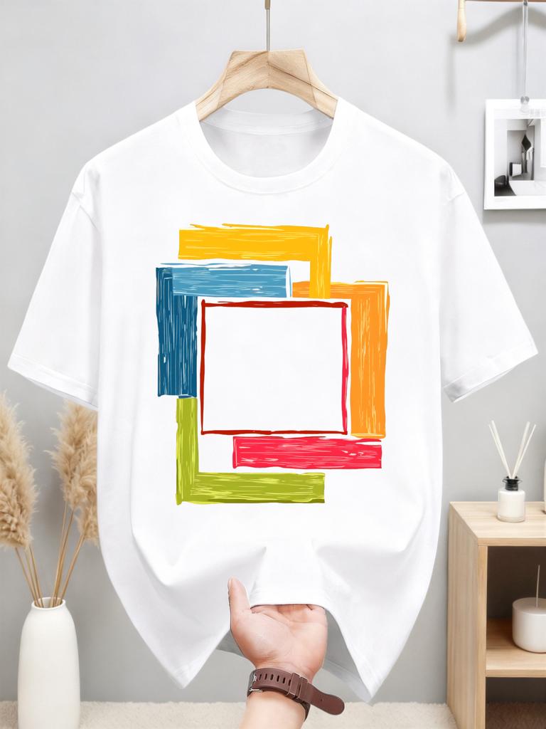 Unisexs Casual Shortsleeved Tshirt Featuring A Handpainted Colorful Square Pattern And A Summerready Crew Neck Casual Style
