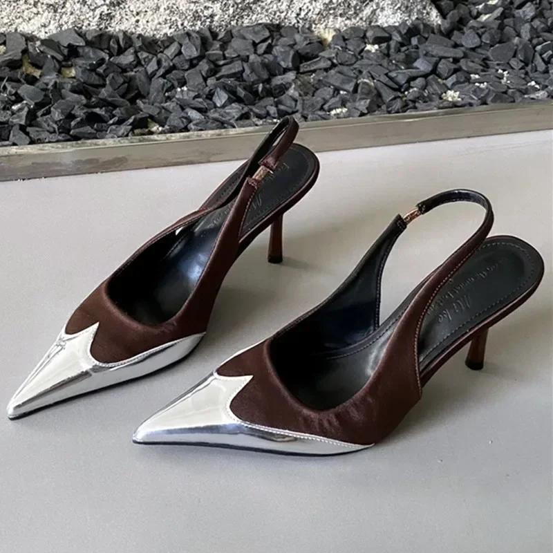 

Fashion Elegant Mixed Color Thin High Heels Women Sexy Pointed Toe Slingbacks Heeled Sandals Summer Silver Women Pumps Party Dress Shoes 39 темно-коричневого