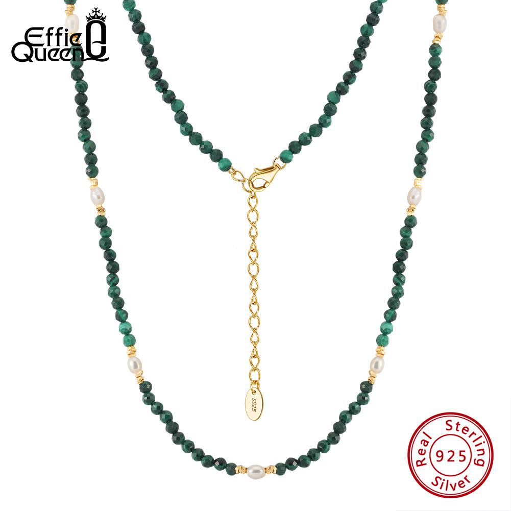 EFFIE QUEEN 925 Sterling Silver 14K Gold Choker Necklace Natural Freshwater Pearl With Malachite Natural Stone Series Gift MPN07