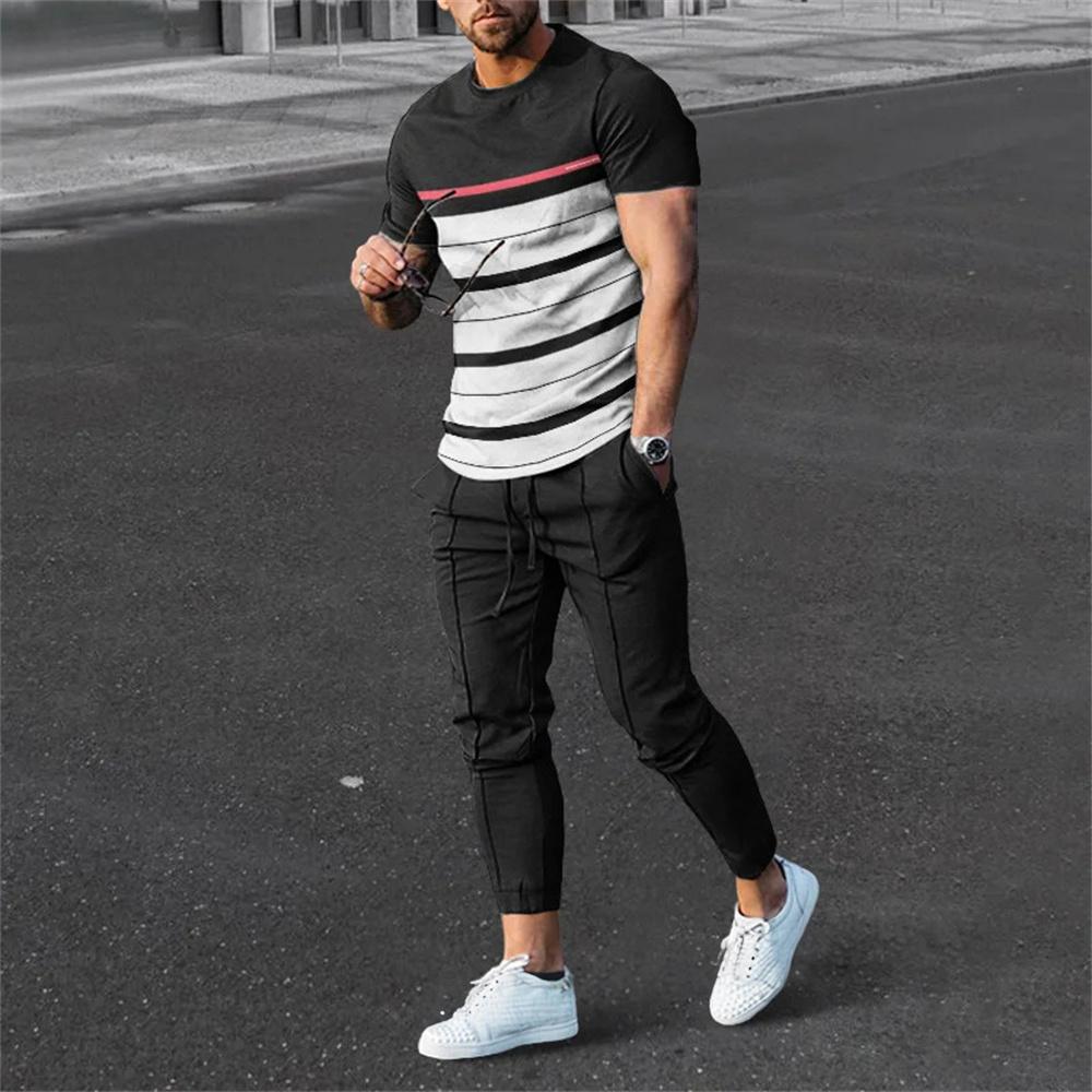 Men Summer T Shirt Pants 2 Piece Sets Print T-shirts Trousers Sportswear Suits Fashion Sweatpants Tracksuits Outfits Men Clothes