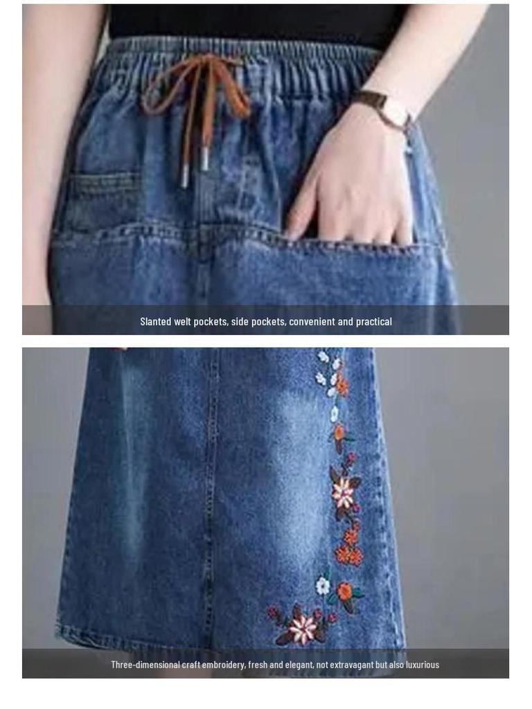 2026 Summer Women's Embroidered Denim Skirt: Elastic Waist, Mid-Length A-line, Retro Artistic Style
