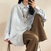 Women's Pleated Single Breasted Shirt Turndown Collar Striped Solid Color Ladies Long Sleeved Shirts Spring Casual Trendy Famale Top
