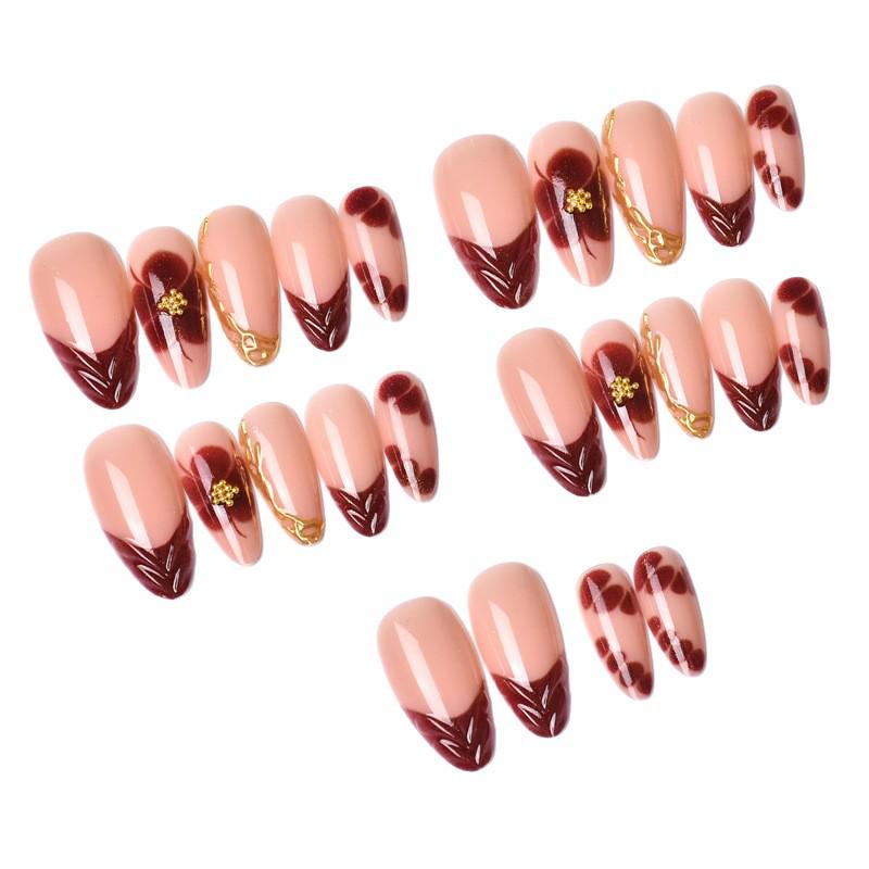 24pcs Handmade Rhinestone Leopard Print French Gold-Plated Almond Nails