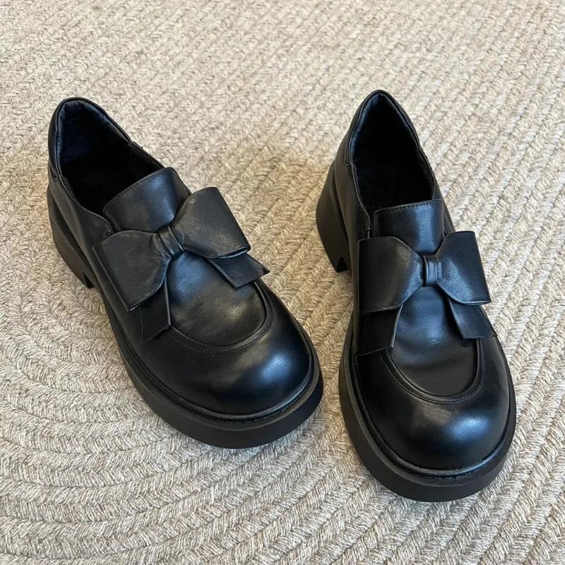 New Vintage Black Gothic Loafers Shoes Women Square Med Heels Y2k Bow Tie Pumps Cute Round Toe Goth Footwear
