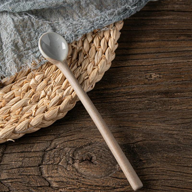 Japanese Style Handmade Retro Coffee Spoon, Ceramic Scoop, Long Handled Rough Pottery Soup, Household Kitchen Accessories Spoon
