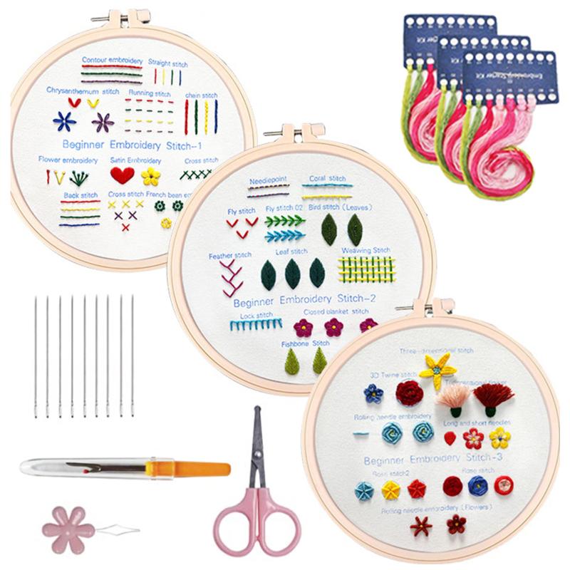 3pcs Embroidery Starter Kit Cross Stitch Kits Hand Embroidery Stitch Practice Kits Handwork For