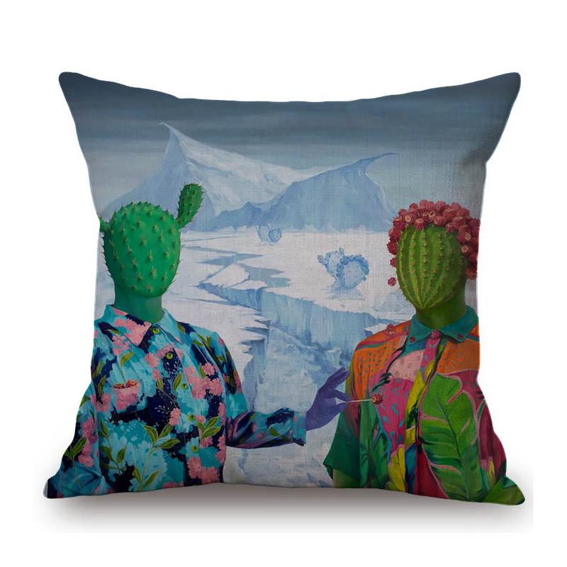 Summer Cactus Head Portrait Oil Painting Surrealistic Decorative Art Cotton Linen Sofa Pillow Case Car Seat Cushion Cover
